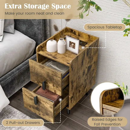Nightstand Side Tables with 2 Drawers and 2 USB Ports-Rustic Brown - Rustic Brown - Nightstands