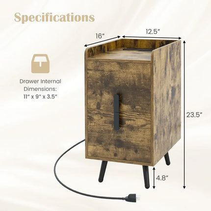 Nightstand Side Tables with 2 Drawers and 2 USB Ports-Rustic Brown - Rustic Brown - Nightstands
