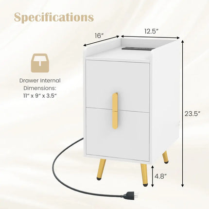 Nightstand Side Tables with 2 Drawers and 2 USB Ports-White - White - Nightstands