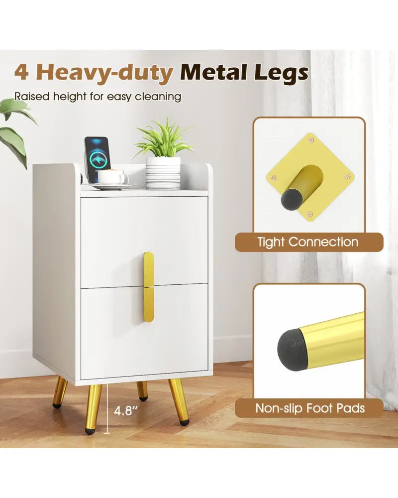 Nightstand Side Tables with 2 Drawers and 2 USB Ports-White - White - Nightstands