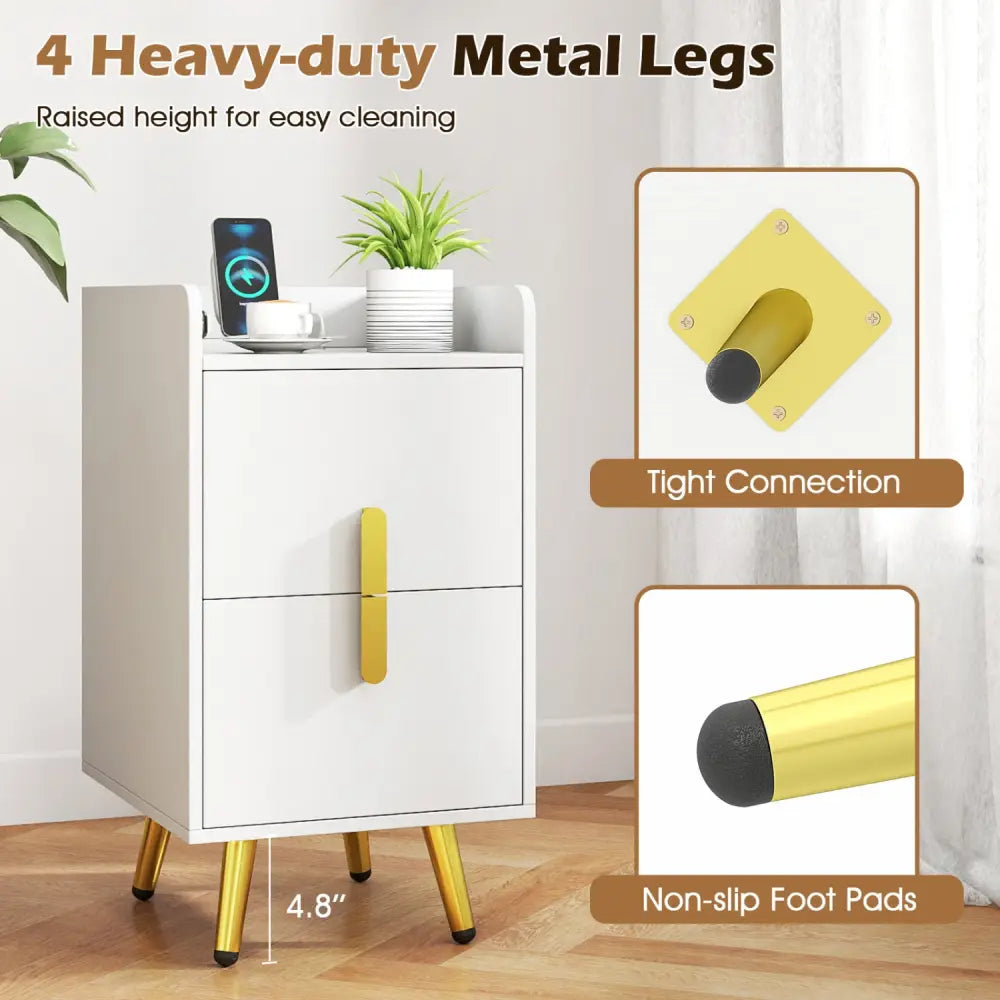 Nightstand Side Tables with 2 Drawers and 2 USB Ports-White - White - Nightstands