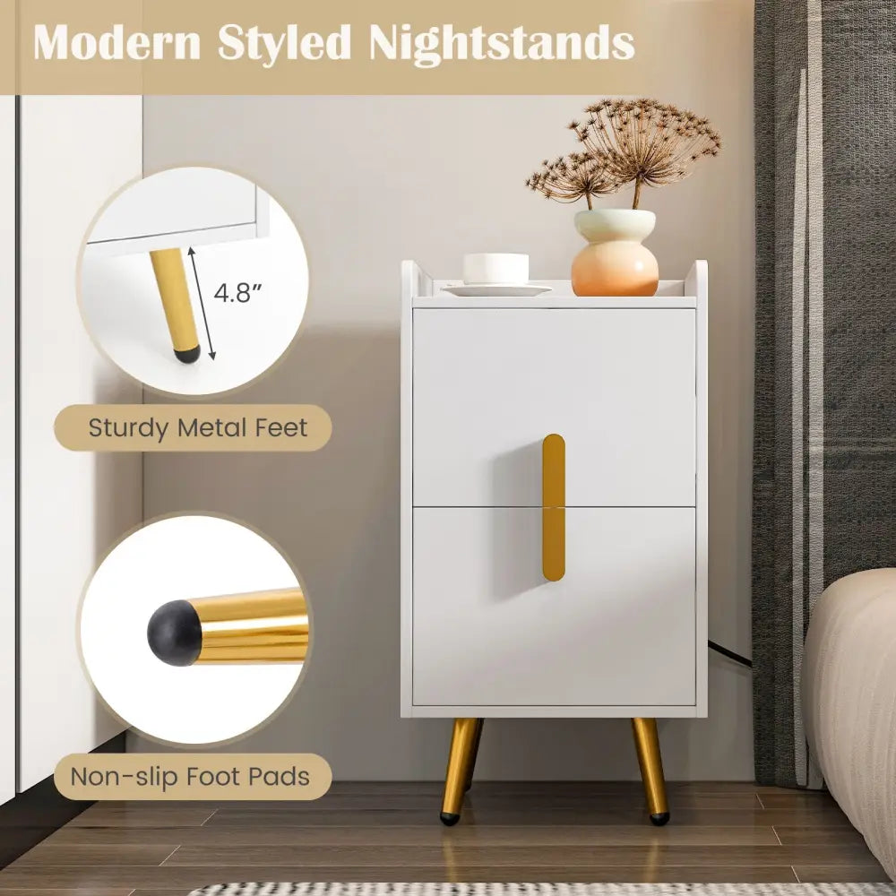 Nightstand Side Tables with 2 Drawers and 2 USB Ports-White - White - Nightstands