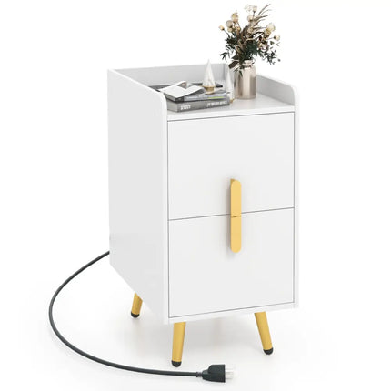Nightstand Side Tables with 2 Drawers and 2 USB Ports-White - White - Nightstands