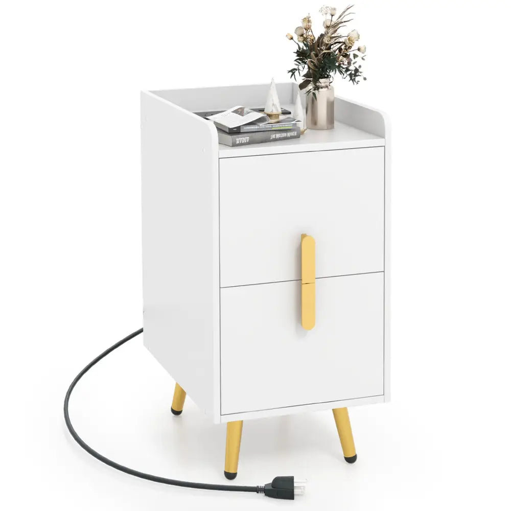 Nightstand Side Tables with 2 Drawers and 2 USB Ports-White - White - Nightstands