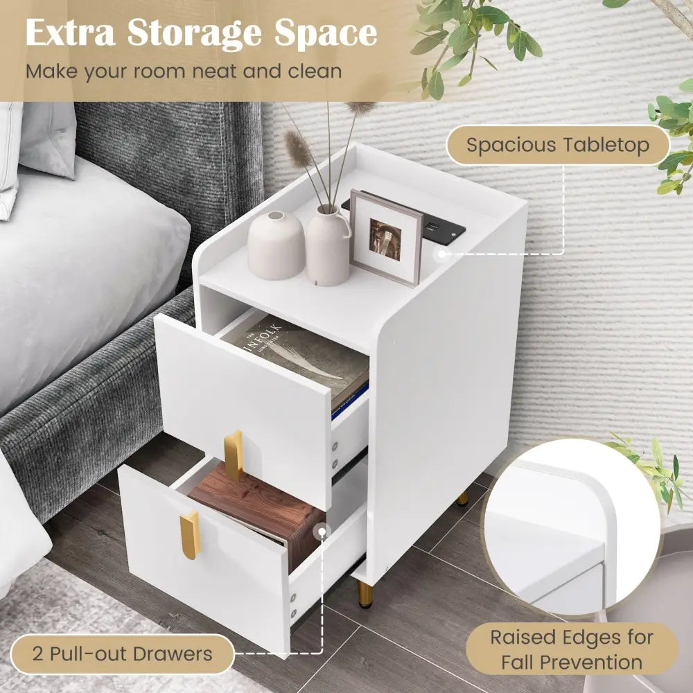 Nightstand Side Tables with 2 Drawers and 2 USB Ports-White - White - Nightstands