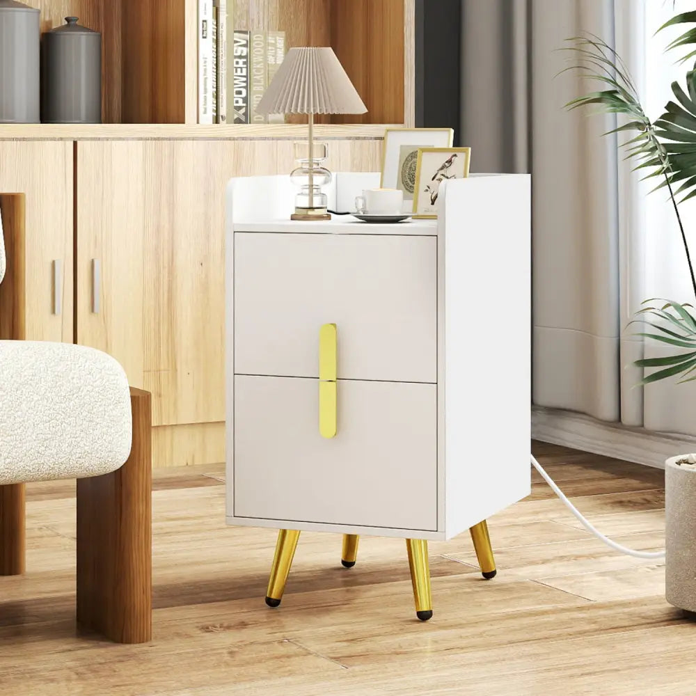 Nightstand Side Tables with 2 Drawers and 2 USB Ports-White - White - Nightstands