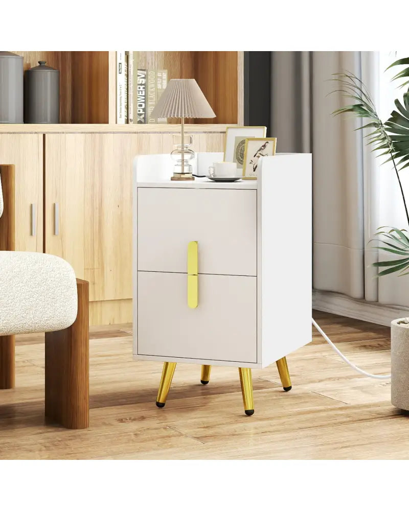Nightstand Side Tables with 2 Drawers and 2 USB Ports-White - White - Nightstands