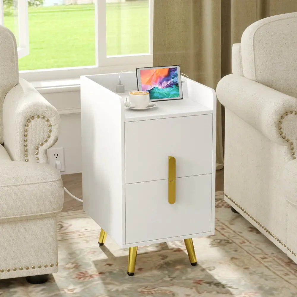 Nightstand Side Tables with 2 Drawers and 2 USB Ports-White - White - Nightstands