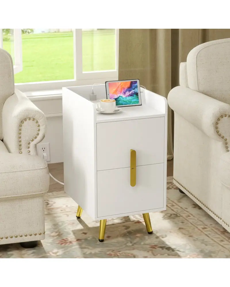 Nightstand Side Tables with 2 Drawers and 2 USB Ports-White - White - Nightstands