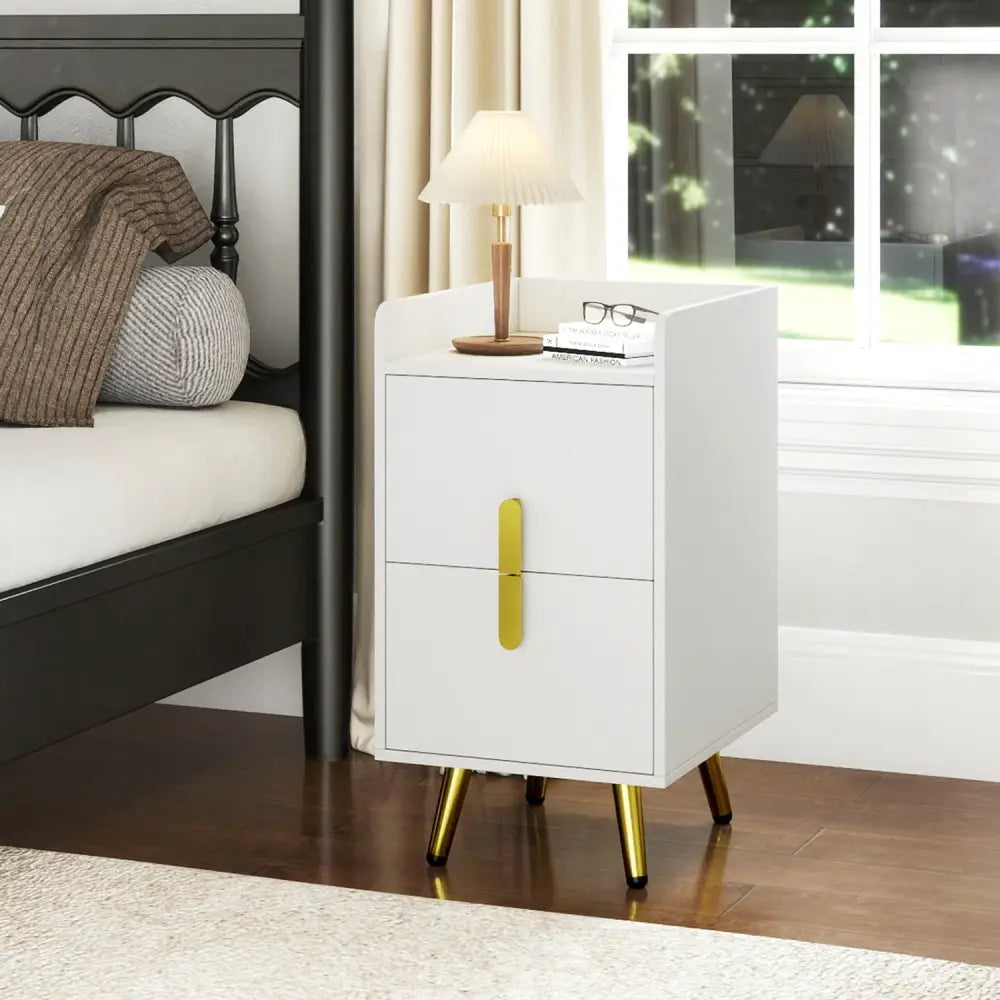 Nightstand Side Tables with 2 Drawers and 2 USB Ports-White - White - Nightstands