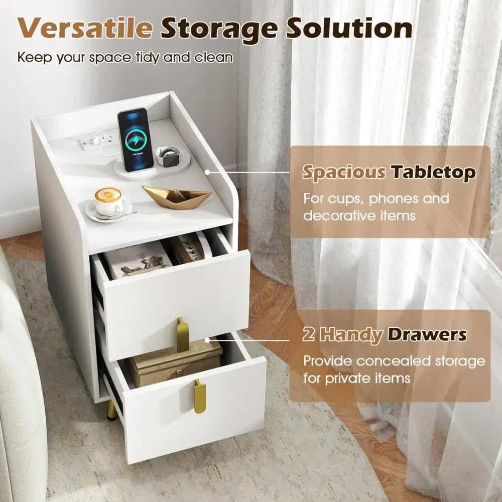 Nightstand Side Tables with 2 Drawers and 2 USB Ports-White - White - Nightstands