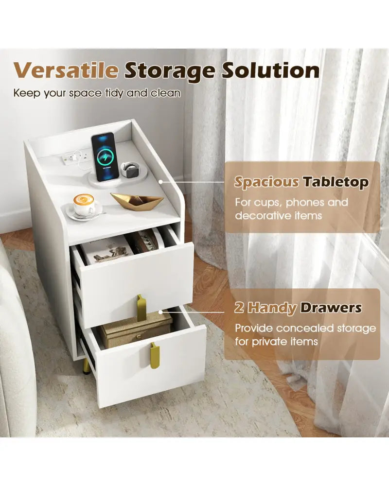 Nightstand Side Tables with 2 Drawers and 2 USB Ports-White - White - Nightstands