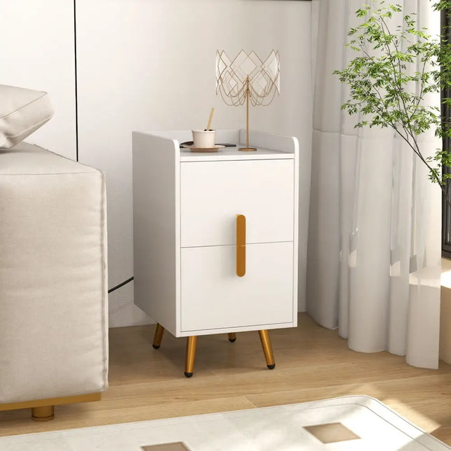Nightstand Side Tables with 2 Drawers and 2 USB Ports-White - White - Nightstands