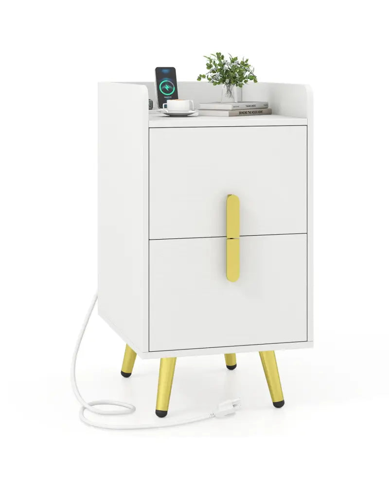 Nightstand Side Tables with 2 Drawers and 2 USB Ports-White - White - Nightstands