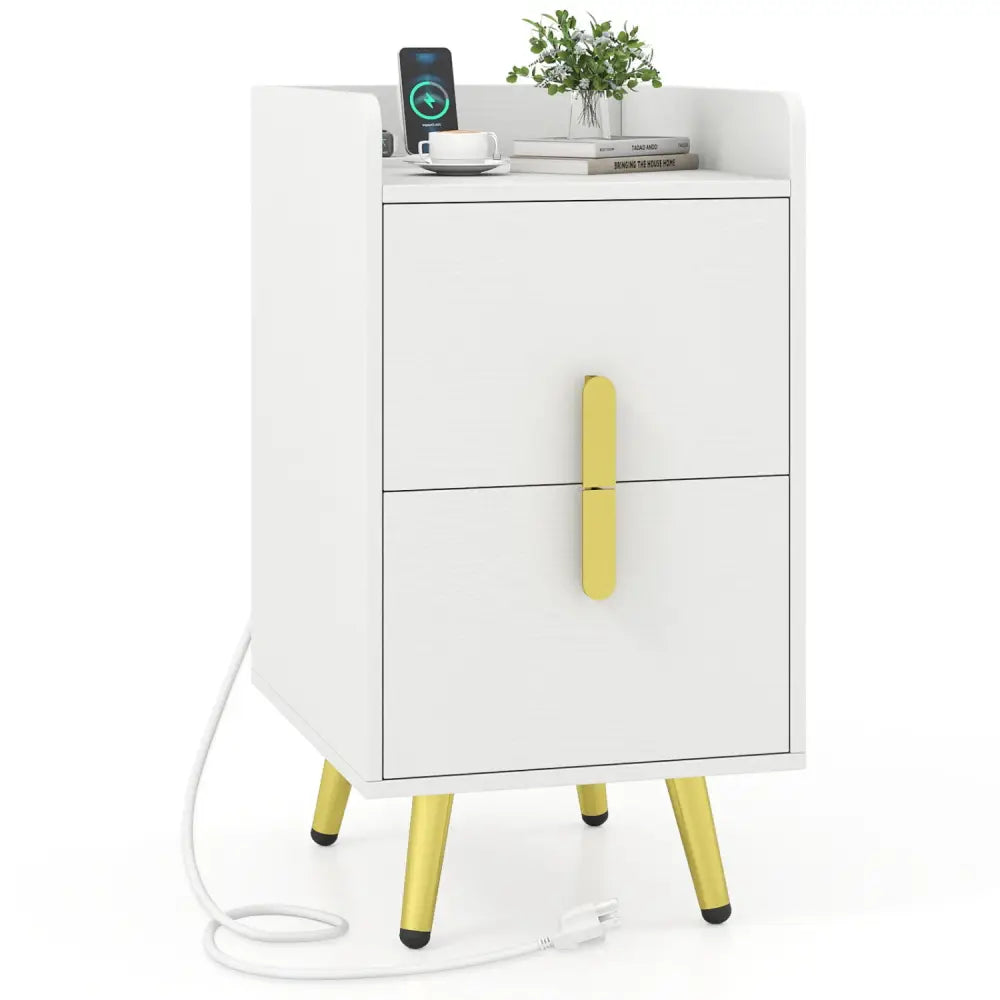 Nightstand Side Tables with 2 Drawers and 2 USB Ports-White - White - Nightstands