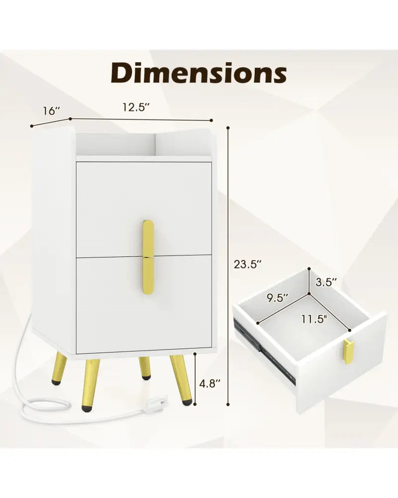Nightstand Side Tables with 2 Drawers and 2 USB Ports-White - White - Nightstands