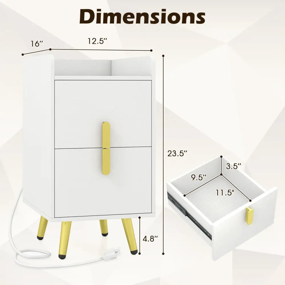 Nightstand Side Tables with 2 Drawers and 2 USB Ports-White - White - Nightstands