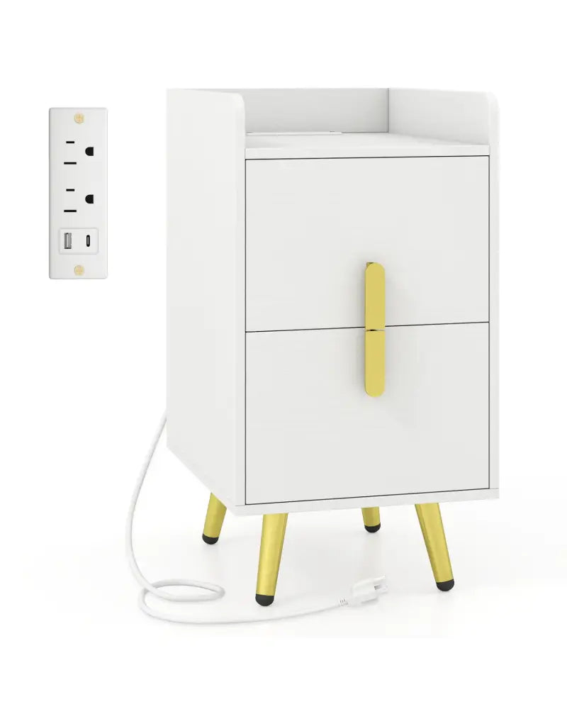 Nightstand Side Tables with 2 Drawers and 2 USB Ports-White - White - Nightstands