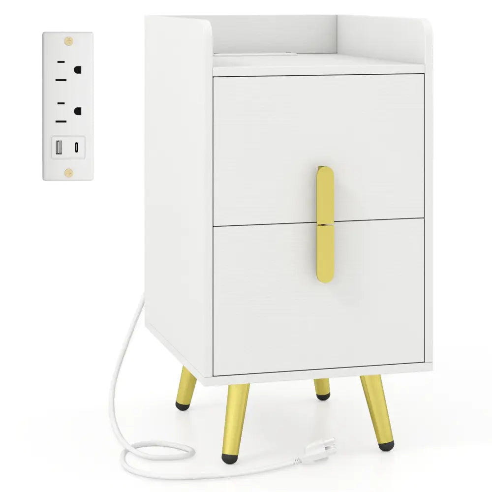 Nightstand Side Tables with 2 Drawers and 2 USB Ports-White - White - Nightstands