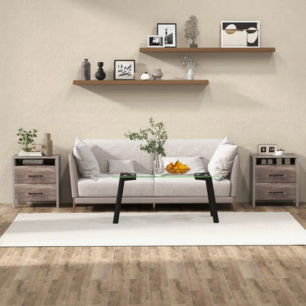 Nightstand with 2 Drawers Farmhouse Bed Side Table with Open Storage Shelf-Grey - Gray - Nightstands