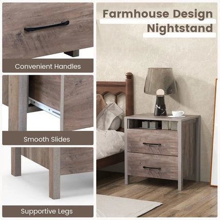 Nightstand with 2 Drawers Farmhouse Bed Side Table with Open Storage Shelf-Grey - Gray - Nightstands