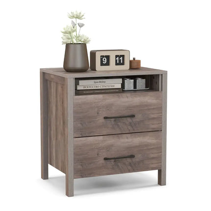 Nightstand with 2 Drawers Farmhouse Bed Side Table with Open Storage Shelf-Grey - Gray - Nightstands