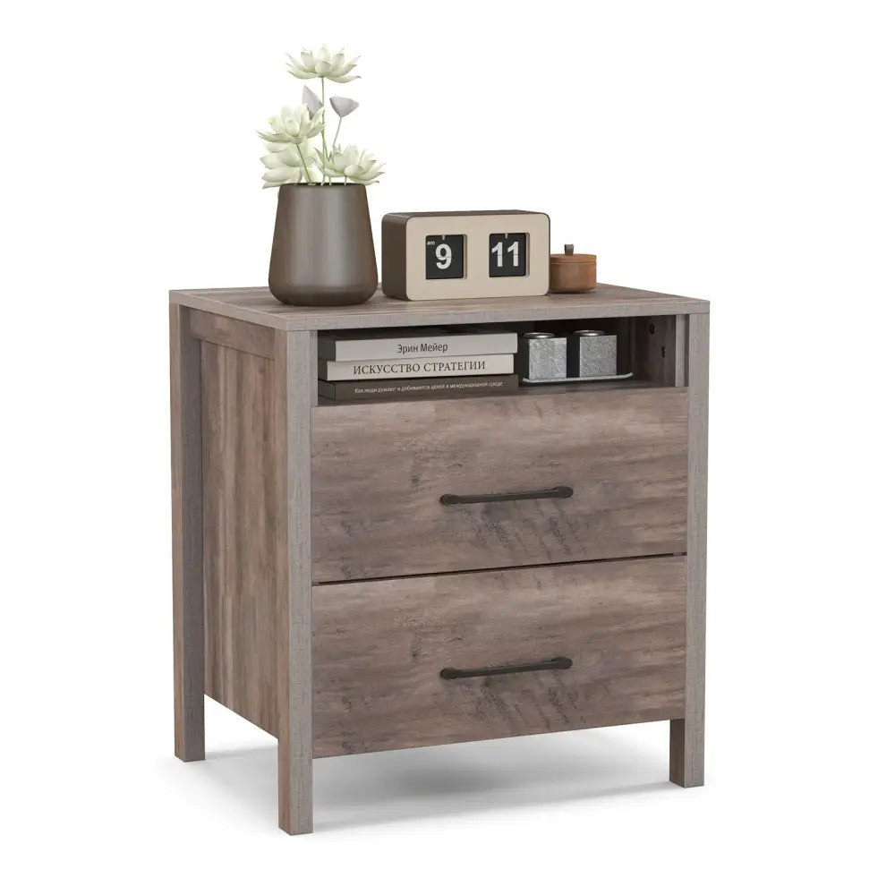 Nightstand with 2 Drawers Farmhouse Bed Side Table with Open Storage Shelf-Grey - Gray - Nightstands