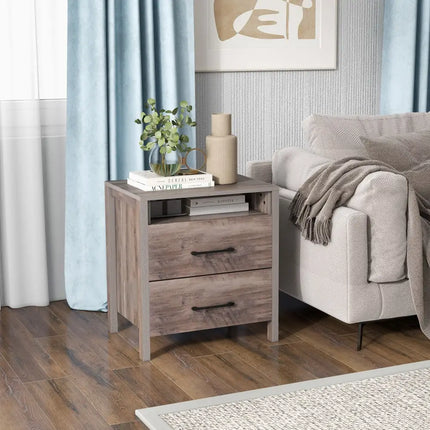 Nightstand with 2 Drawers Farmhouse Bed Side Table with Open Storage Shelf-Grey - Gray - Nightstands