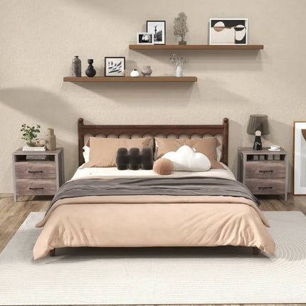 Nightstand with 2 Drawers Farmhouse Bed Side Table with Open Storage Shelf-Grey - Gray - Nightstands