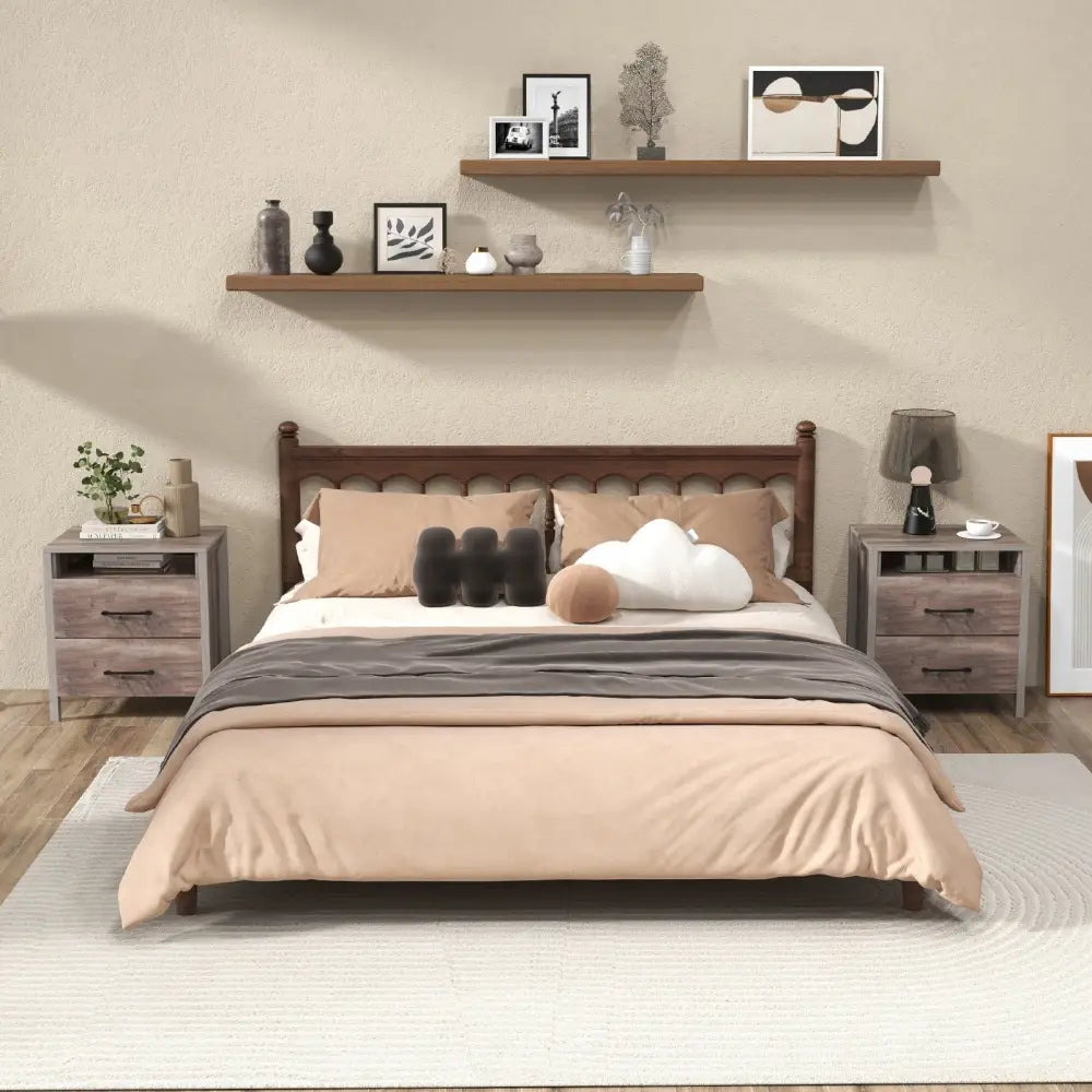 Nightstand with 2 Drawers Farmhouse Bed Side Table with Open Storage Shelf-Grey - Gray - Nightstands