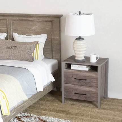 Nightstand with 2 Drawers Farmhouse Bed Side Table with Open Storage Shelf-Grey - Gray - Nightstands