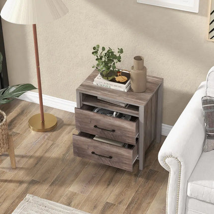 Nightstand with 2 Drawers Farmhouse Bed Side Table with Open Storage Shelf-Grey - Gray - Nightstands