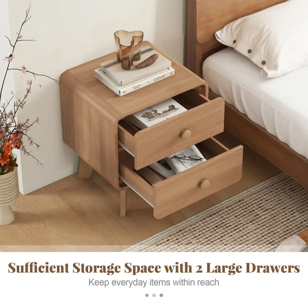 Nightstand with 2 Drawers Solid Rubber Wood Legs-Brown - Brown - Nightstands