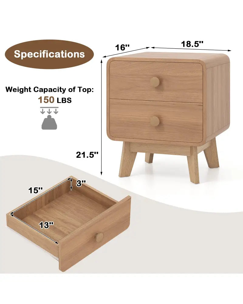 Nightstand with 2 Drawers Solid Rubber Wood Legs-Brown - Brown - Nightstands
