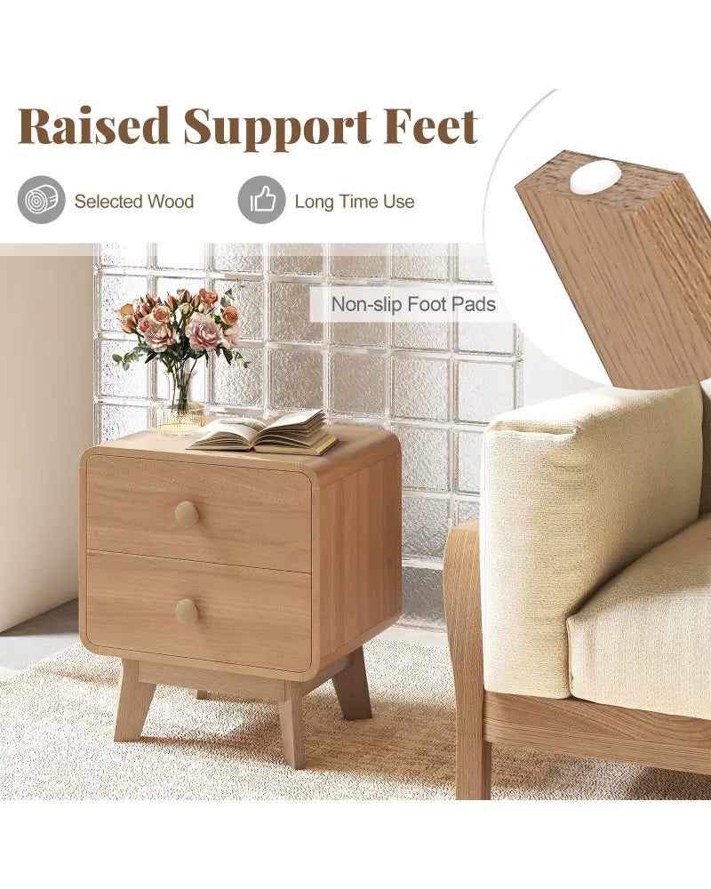 Nightstand with 2 Drawers Solid Rubber Wood Legs-Brown - Brown - Nightstands