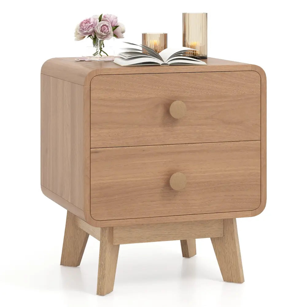 Nightstand with 2 Drawers Solid Rubber Wood Legs-Brown - Brown - Nightstands