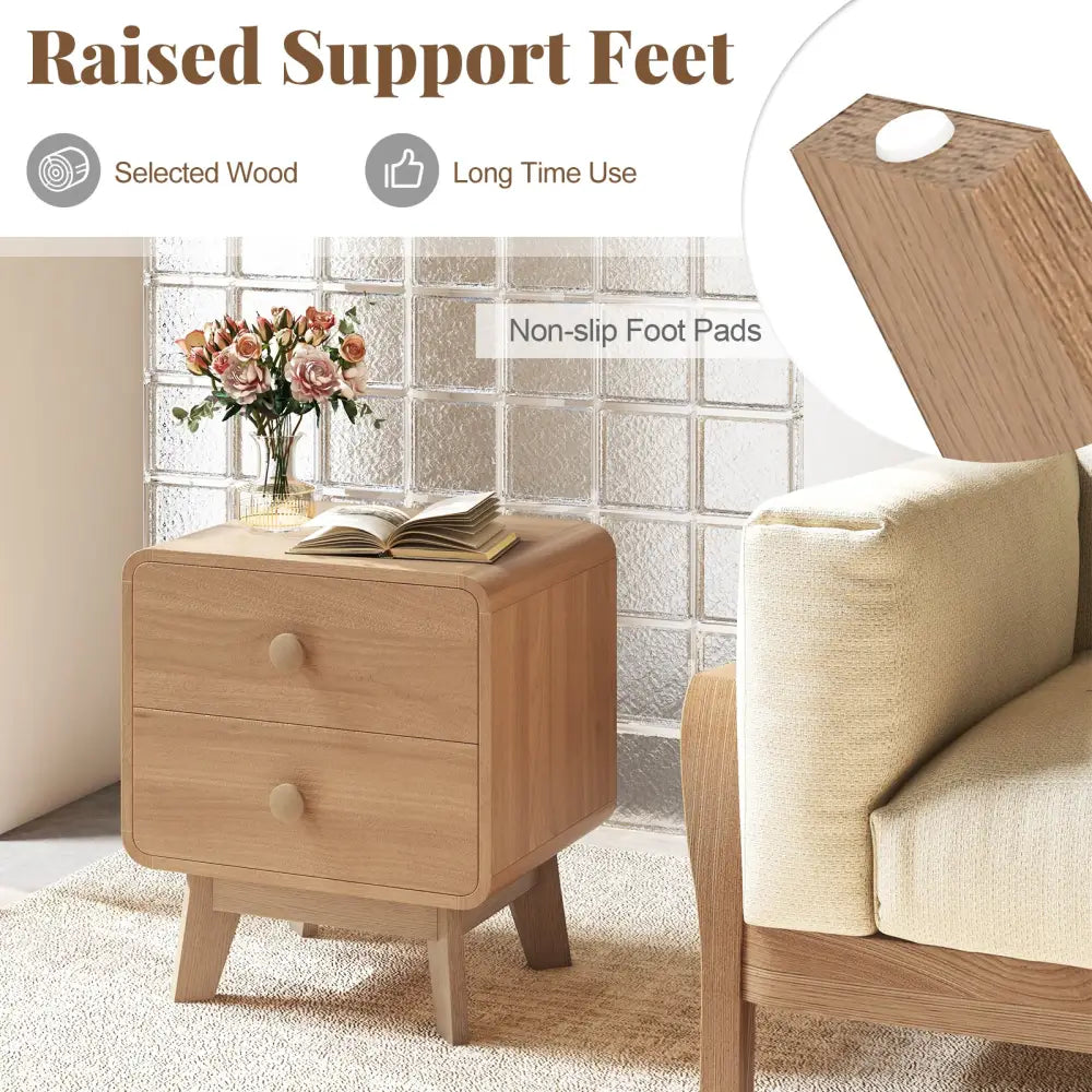 Nightstand with 2 Drawers Solid Rubber Wood Legs-Brown - Brown - Nightstands