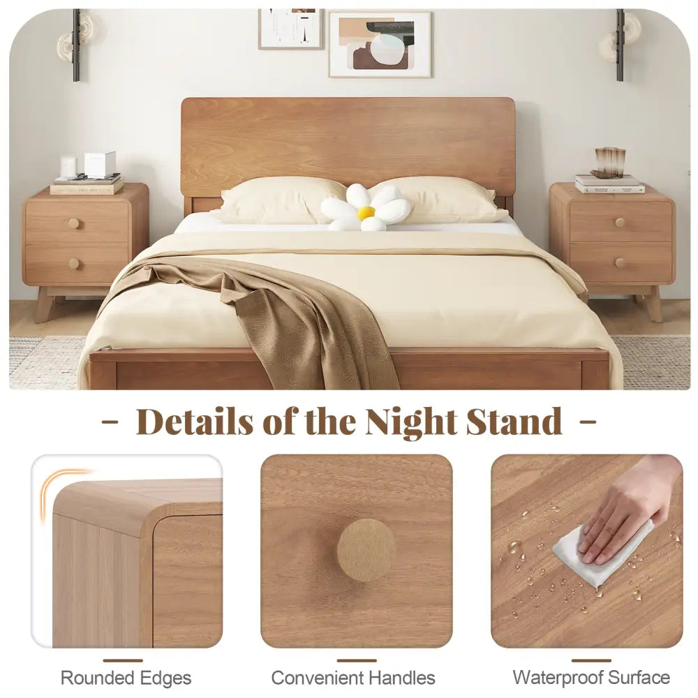 Nightstand with 2 Drawers Solid Rubber Wood Legs-Brown - Brown - Nightstands