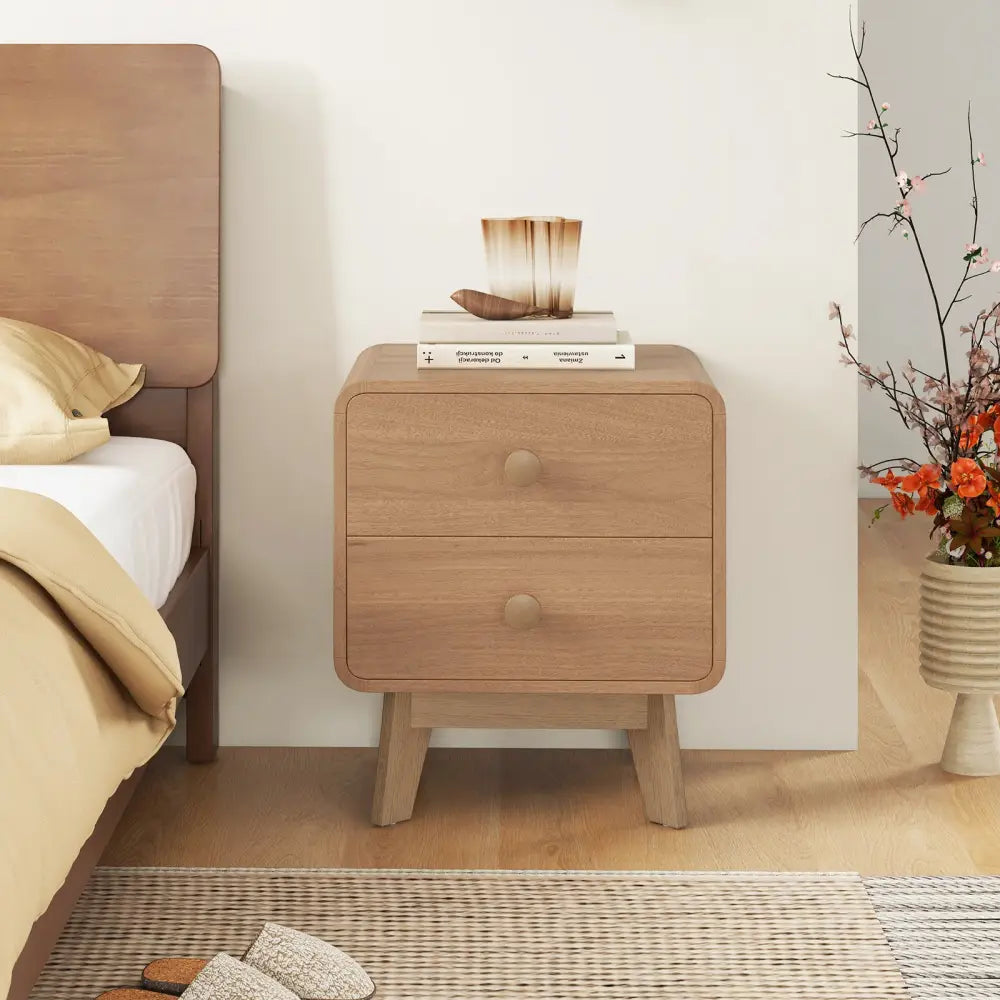 Nightstand with 2 Drawers Solid Rubber Wood Legs-Brown - Brown - Nightstands