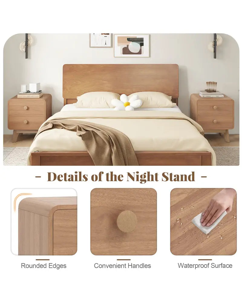 Nightstand with 2 Drawers Solid Rubber Wood Legs-Brown - Brown - Nightstands