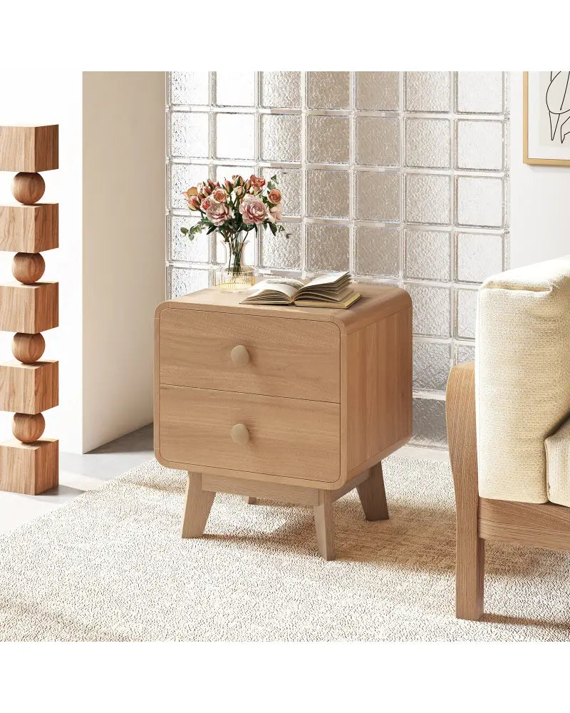 Nightstand with 2 Drawers Solid Rubber Wood Legs-Brown - Brown - Nightstands
