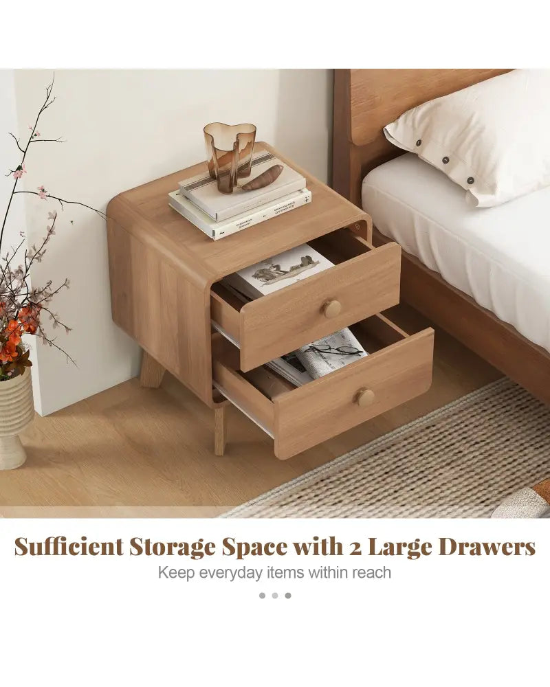 Nightstand with 2 Drawers Solid Rubber Wood Legs-Brown - Brown - Nightstands