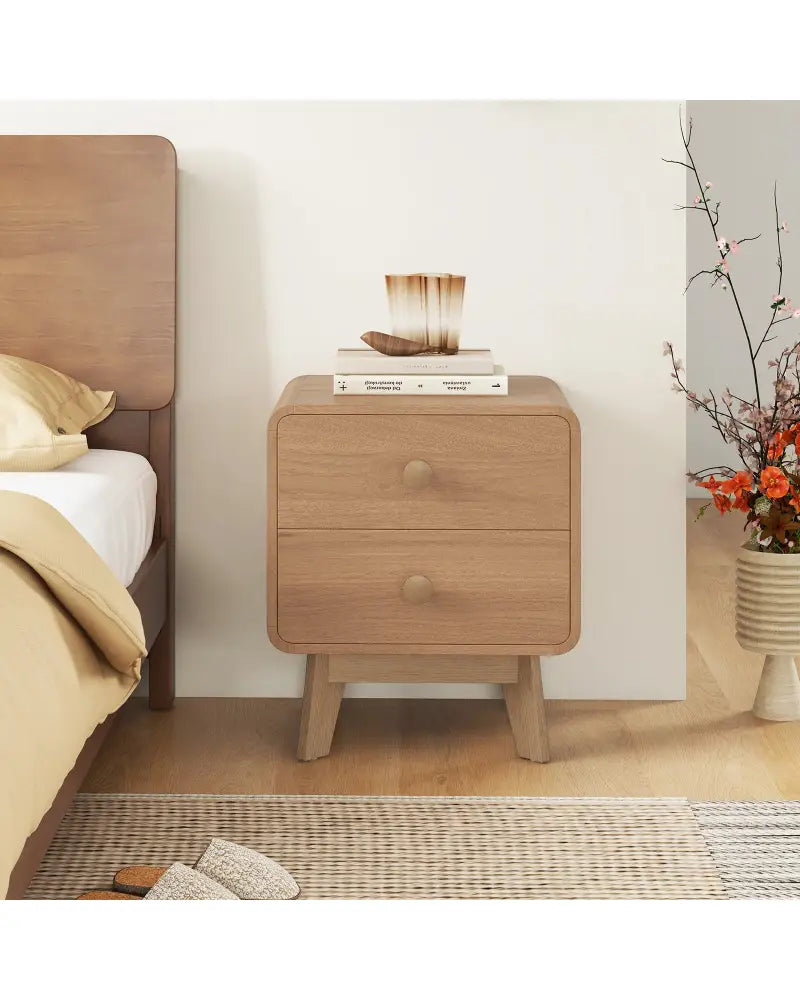 Nightstand with 2 Drawers Solid Rubber Wood Legs-Brown - Brown - Nightstands
