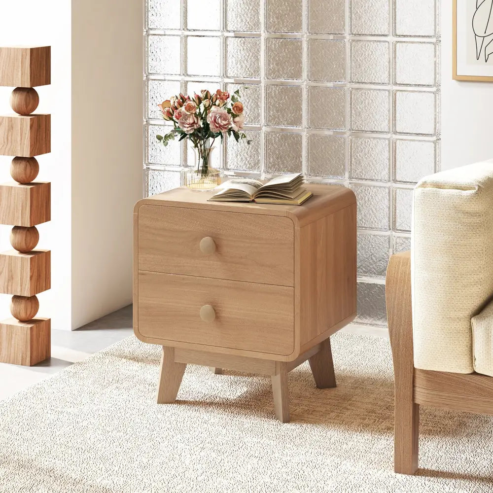 Nightstand with 2 Drawers Solid Rubber Wood Legs-Brown - Brown - Nightstands