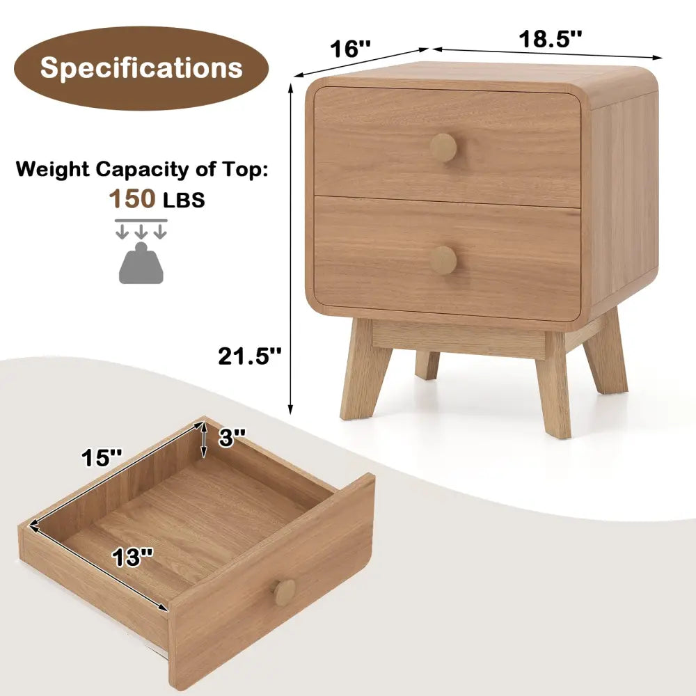 Nightstand with 2 Drawers Solid Rubber Wood Legs-Brown - Brown - Nightstands