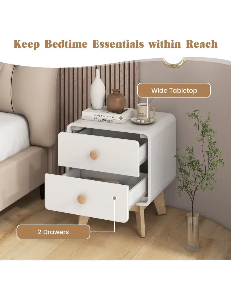 Nightstand with 2 Drawers Solid Rubber Wood Legs-White - White - Nightstands
