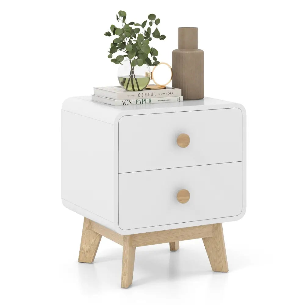Nightstand with 2 Drawers Solid Rubber Wood Legs-White - White - Nightstands