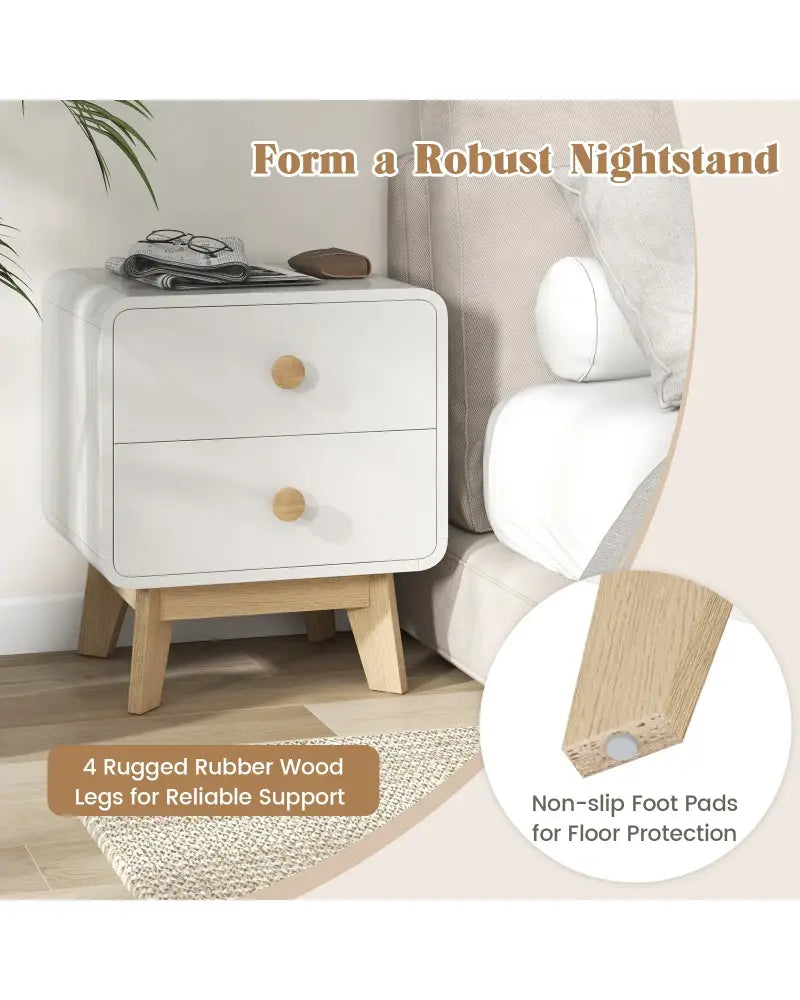 Nightstand with 2 Drawers Solid Rubber Wood Legs-White - White - Nightstands