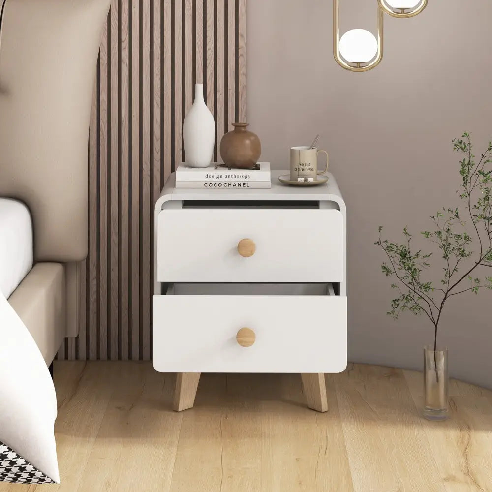 Nightstand with 2 Drawers Solid Rubber Wood Legs-White - White - Nightstands