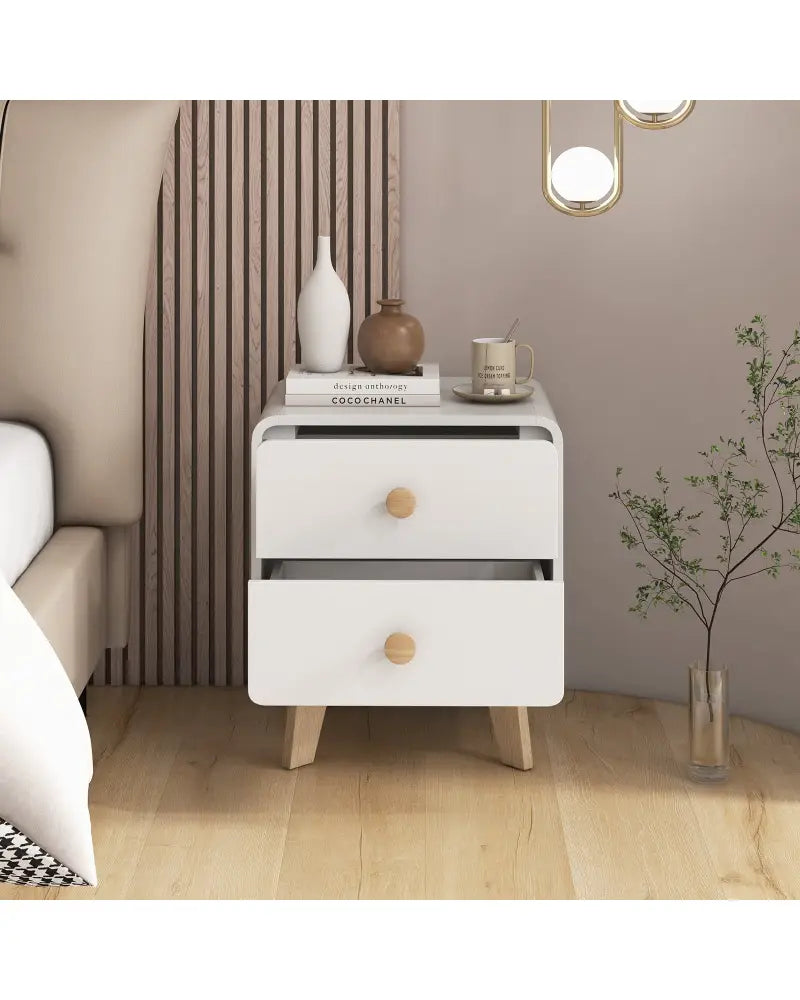 Nightstand with 2 Drawers Solid Rubber Wood Legs-White - White - Nightstands